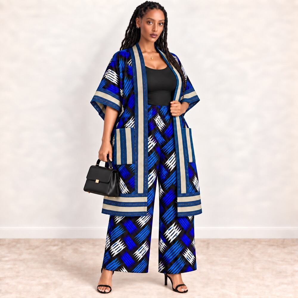 African Artisan Ankara Kimono Duster Wide-Leg Pants 2Piece Set XL from Lomé Togo